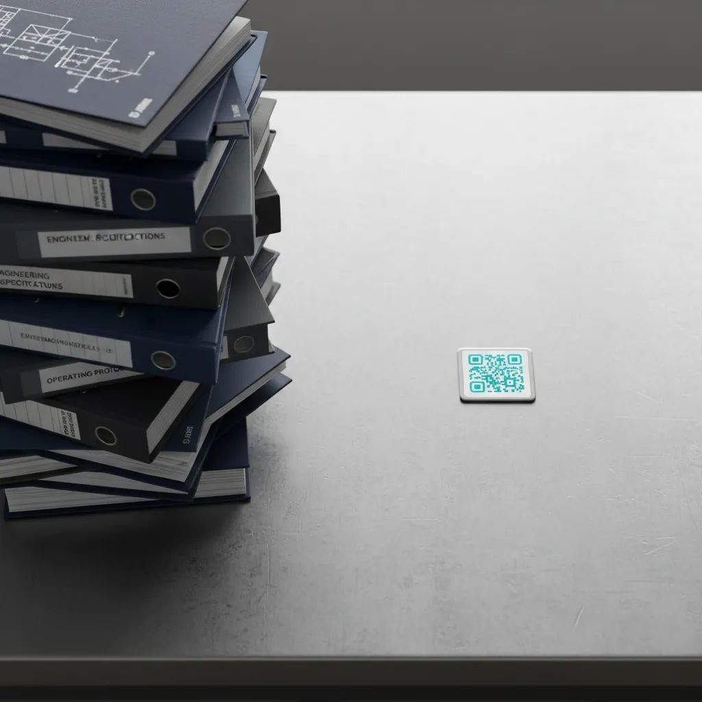 Steintisch von oben: ein hoher Stapel dicker technischer Handbücher und Ordner links, ein einzelner kleiner QR-Aufkleber rechts
