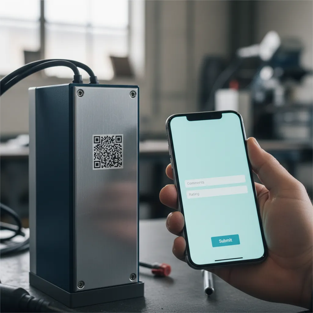 QR-Code auf einem Produktgehäuse, ein Smartphone davor mit einem kurzen Rückmeldeformular