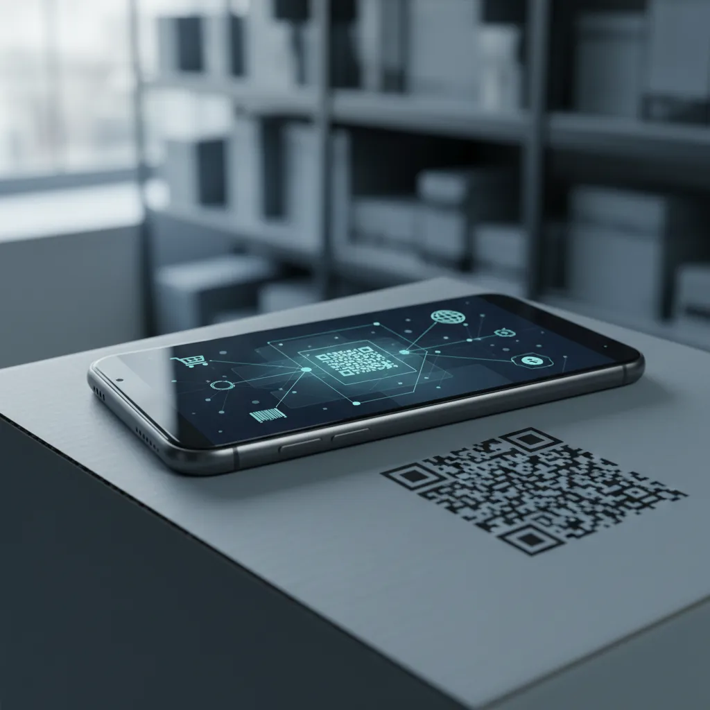 Smartphone zeigt eine strukturierte Produktdaten-Ansicht nach dem Scan eines Data-Matrix-Codes auf einer Produktverpackung