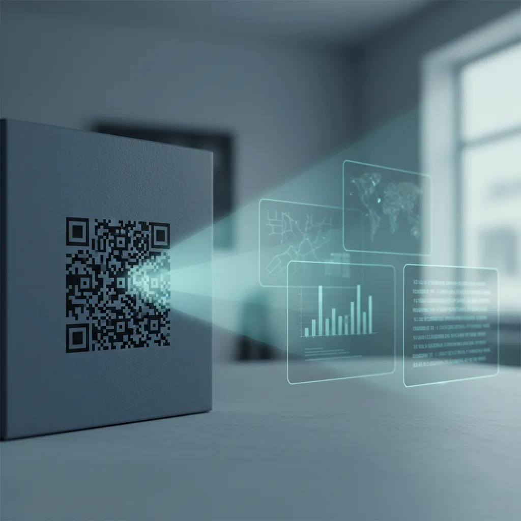 Ein Data-Matrix-Code auf einer Produktverpackung, aus dem symbolisch mehrere Pfade zu unterschiedlichen Ansichten führen