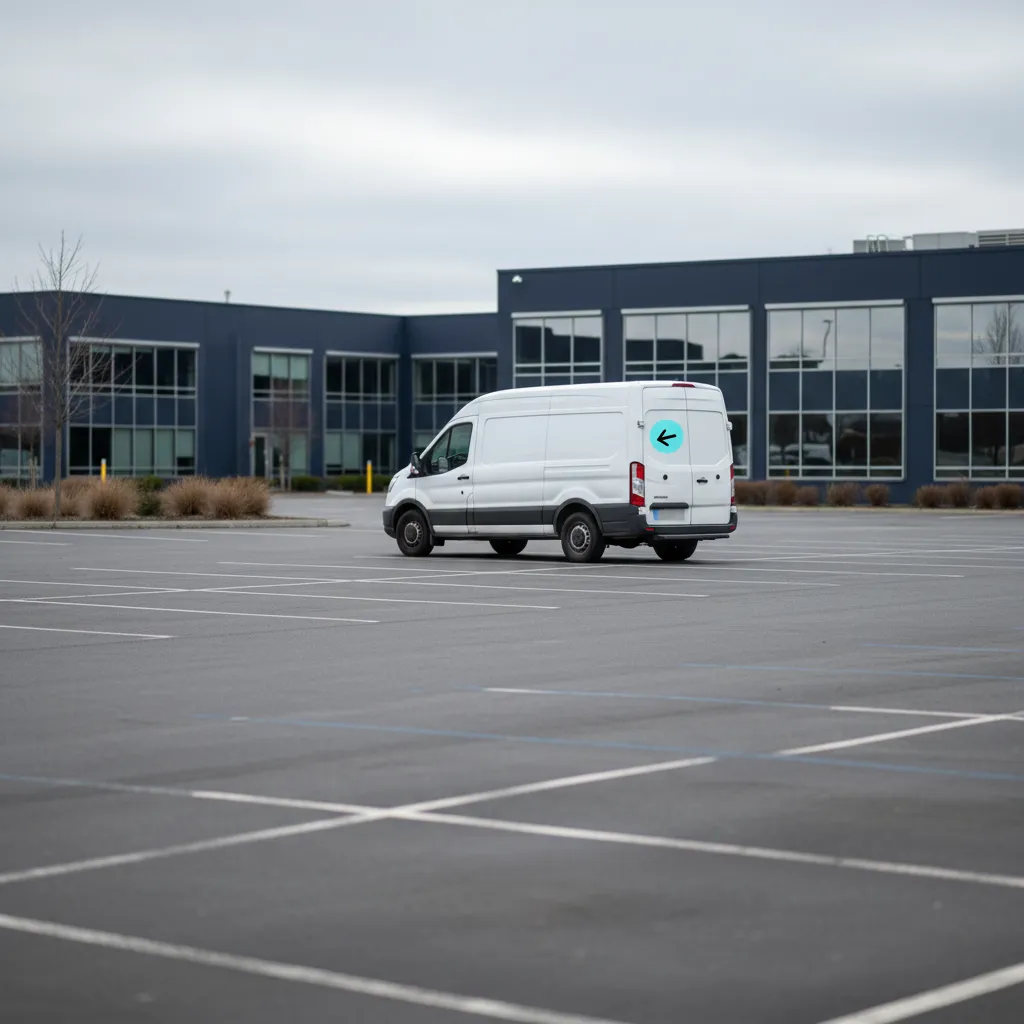 Ein einzelner weißer Firmentransporter steht ungenutzt auf einem fast leeren Firmenparkplatz