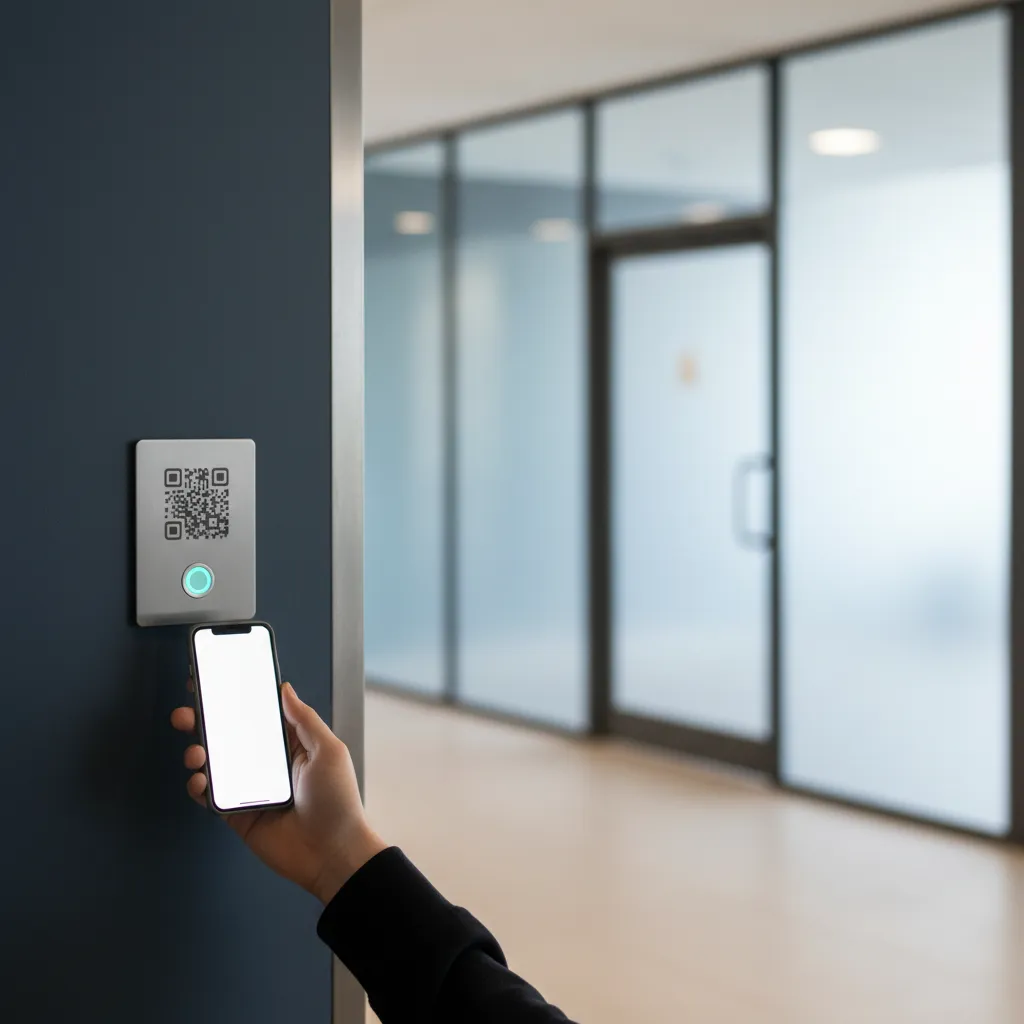 Wandmontierter QR-Meldepunkt neben einer Waschraumtür, eine Hand hält ein Smartphone davor