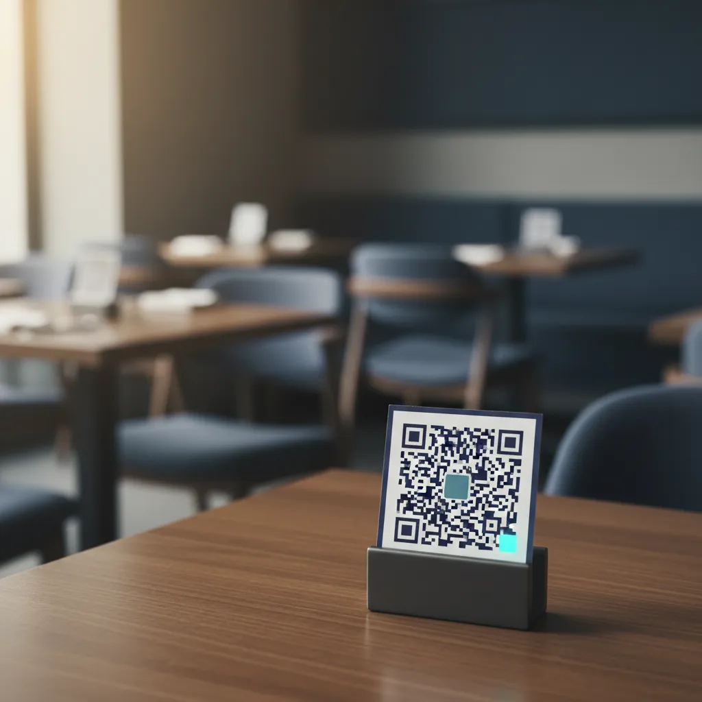 Kleiner Tischaufsteller mit QR-Code auf einem Restauranttisch, im Hintergrund unscharf ein gedeckter Gastraum