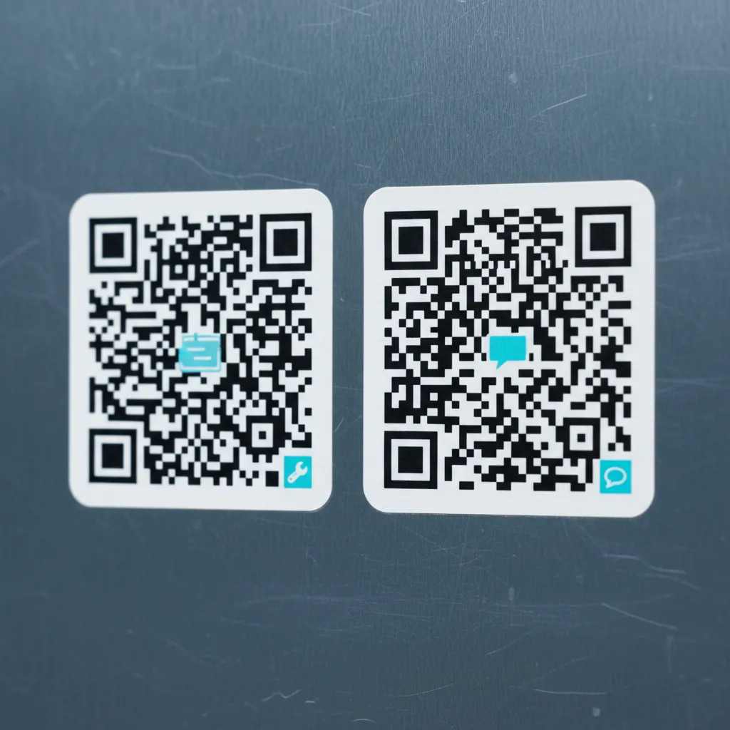 Zwei fast identische QR-Aufkleber nebeneinander an einer Wand, einer mit Werkzeug-, einer mit Sprechblasen-Symbol