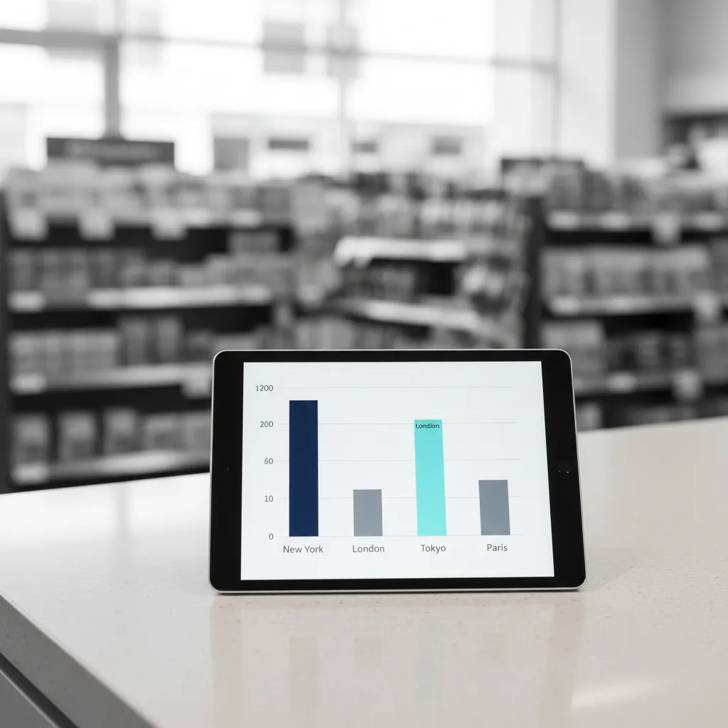 Tablet mit einem einfachen Balkendiagramm je Standort, im Hintergrund unscharf eine Ladenzeile