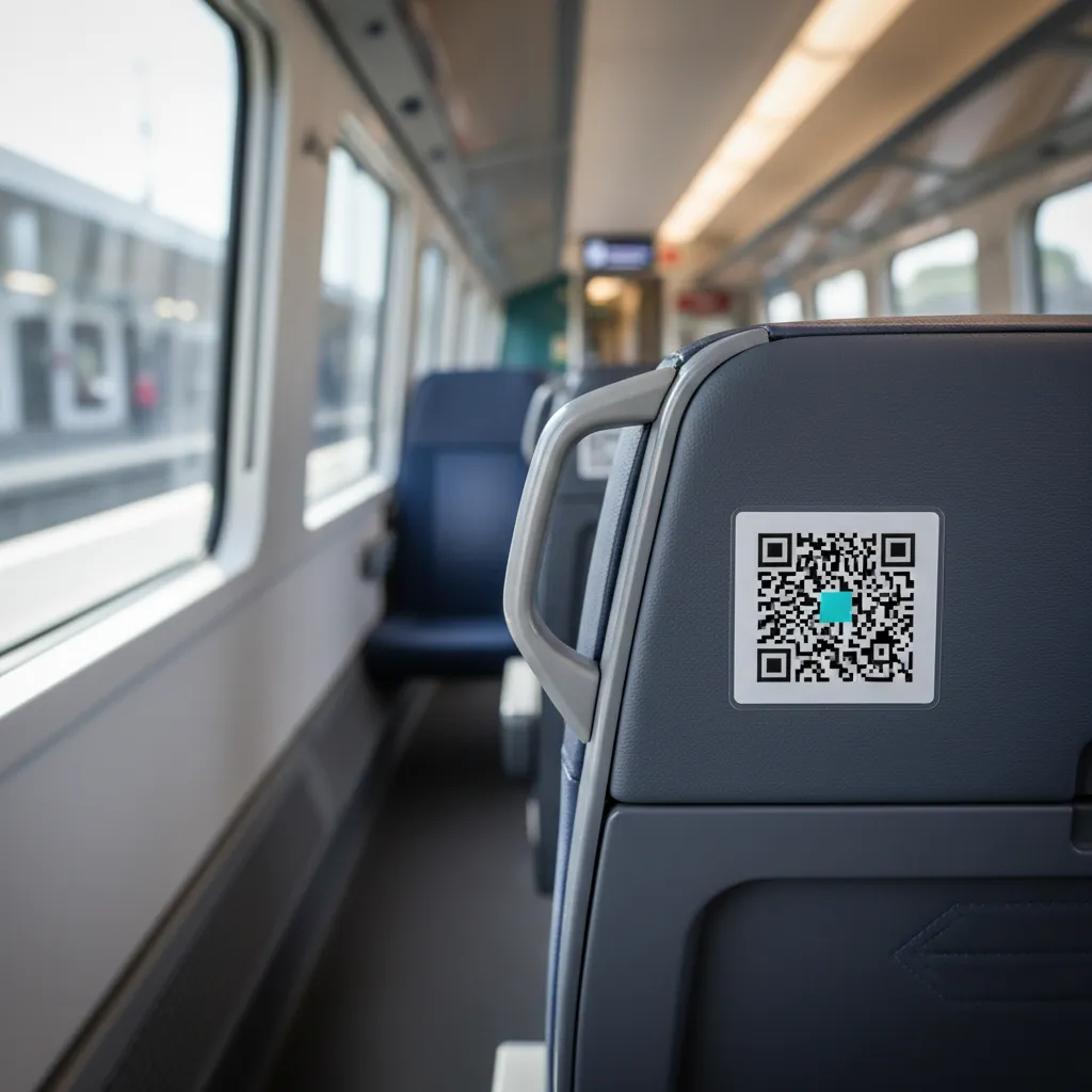 QR-Code-Aufkleber an der Rückenlehne eines Zugsitzes, unscharf der Gang eines modernen Reisezugwagens