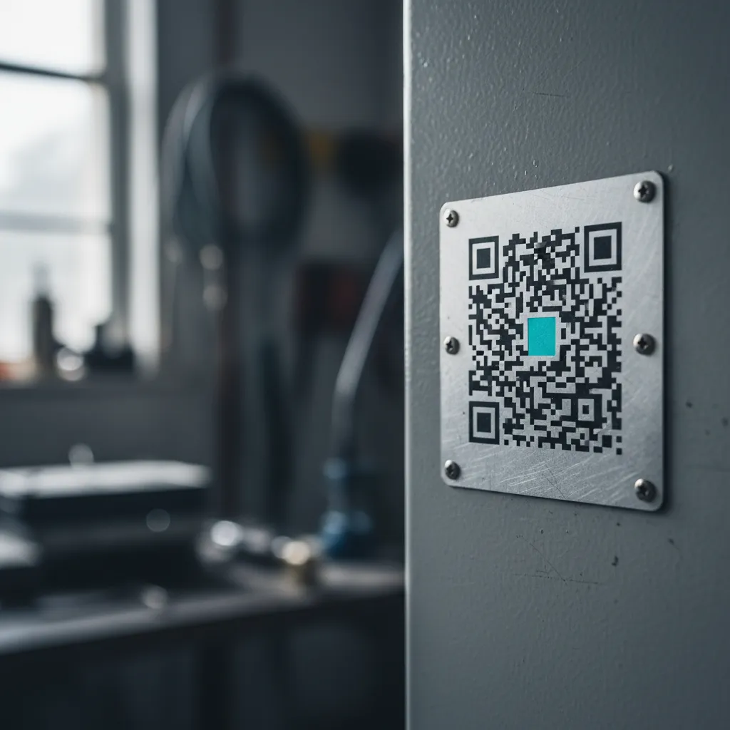 Nahaufnahme einer Prüfplakette mit QR-Code an einem grauen Elektro-Verteilerkasten