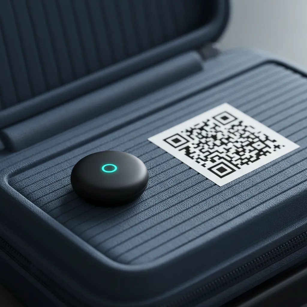 Makro auf einem Gerätekoffer: kleiner GPS/Bluetooth-Tracker links, flacher QR-Aufkleber rechts