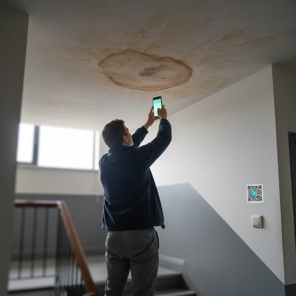 Person fotografiert einen Wasserfleck an der Treppenhausdecke; QR-Aufkleber an der Wand daneben