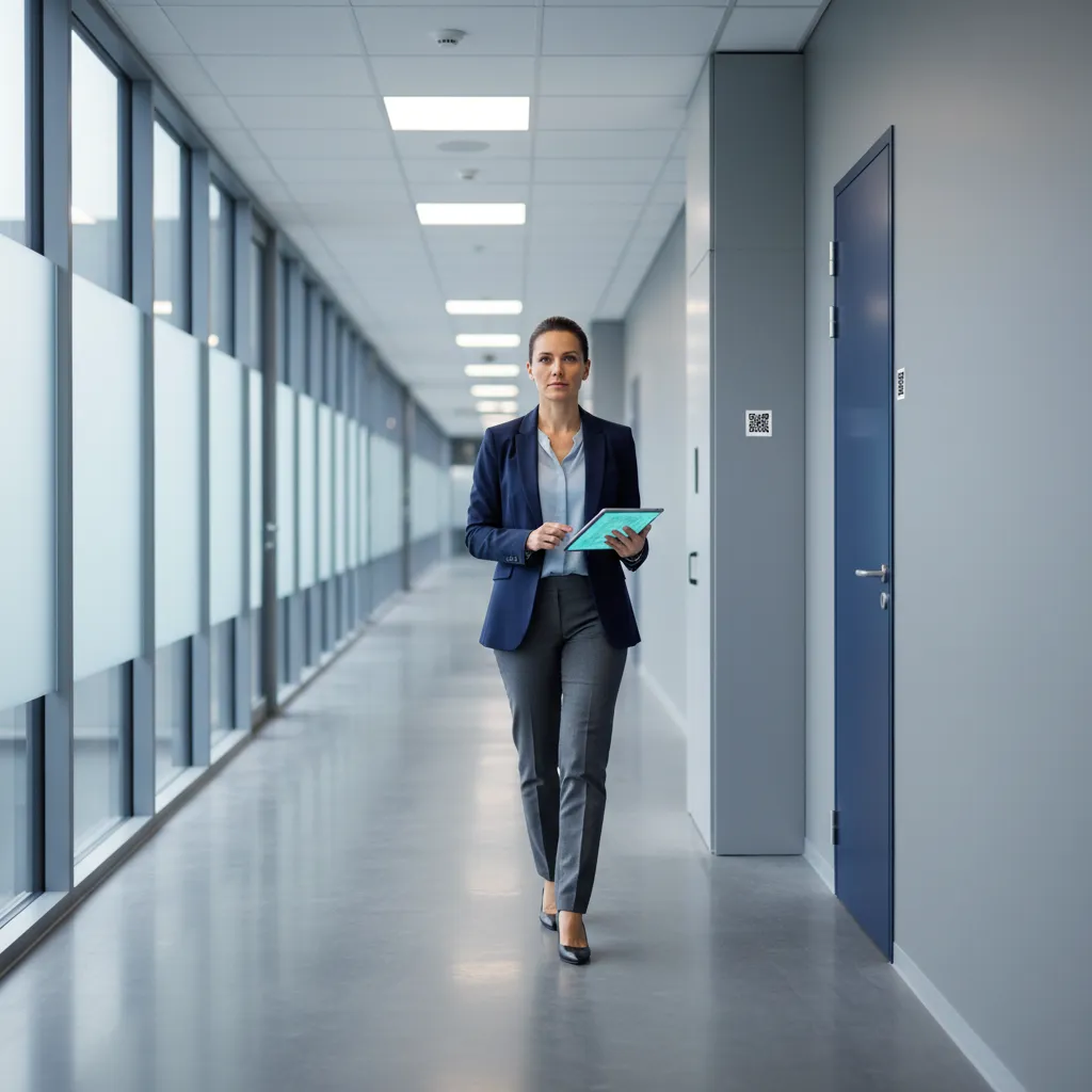 Facility-Managerin mit Tablet im Bürokorridor, QR-Tags an Tür und Technikschrank