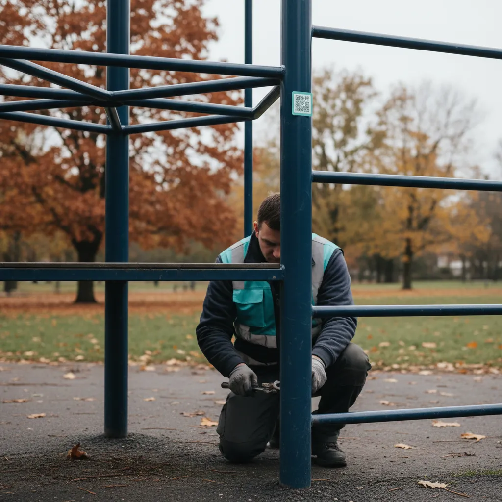 Kommunaler Mitarbeiter in Warnweste prüft eine Schraube an einem Spielplatz-Klettergerüst, kleiner QR-Prüf-Tag am Pfosten