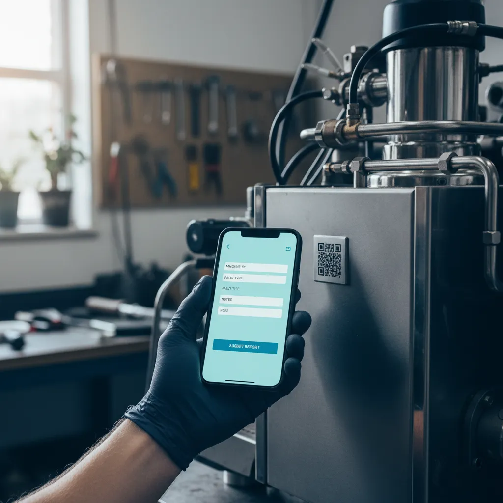 Servicetechniker scannt mit dem Smartphone einen QR-Code an einer Industriemaschine; auf dem Display ein strukturiertes Meldeformular
