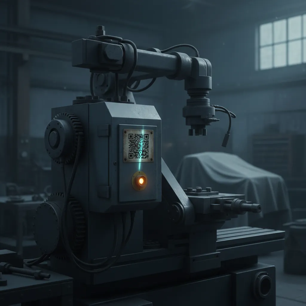 Stille, stillstehende Industriemaschine in einer abgedunkelten Werkstatt nach Feierabend, eine kleine Warnleuchte, ein QR-Service-Tag am Gehäuse