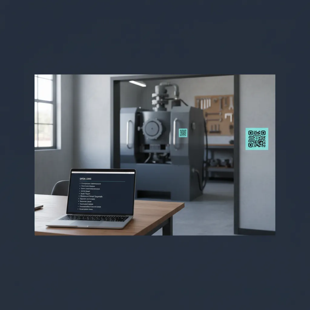 Kleines Servicebüro mit Laptop und Auftragsliste, im Hintergrund eine Werkstattmaschine mit QR-Service-Tag