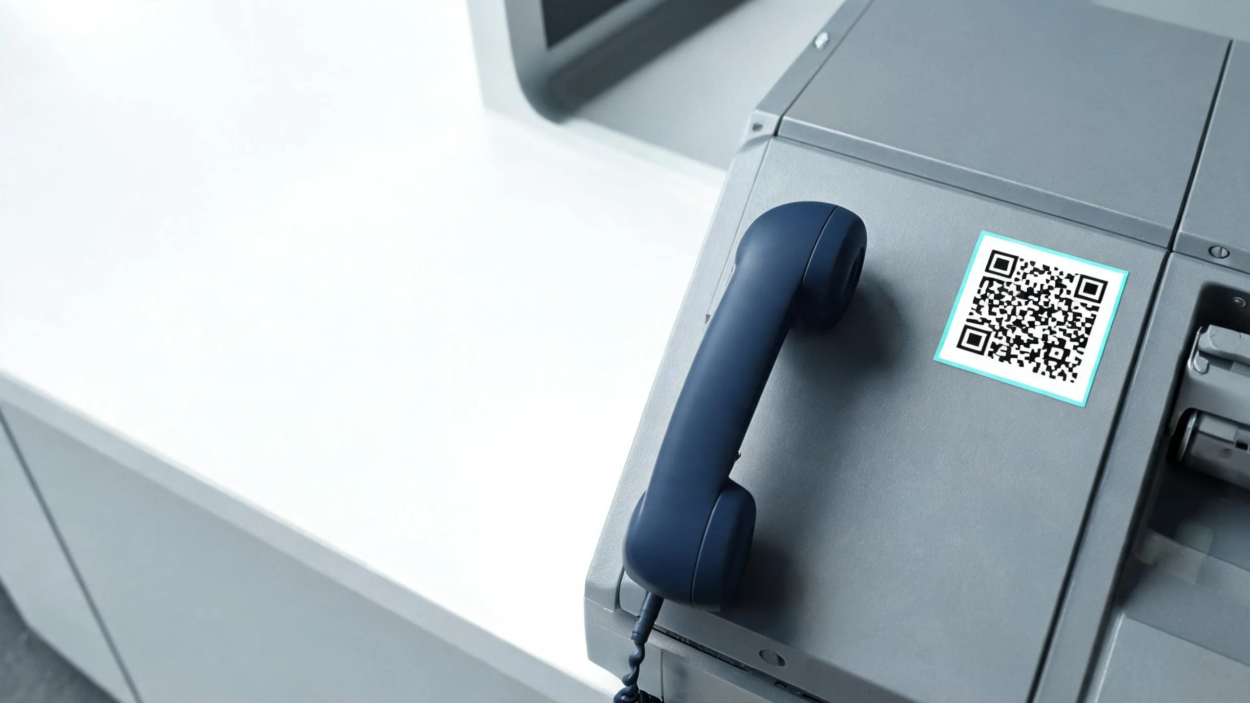 Telefonhörer und QR-Code an einem technischen Gerät