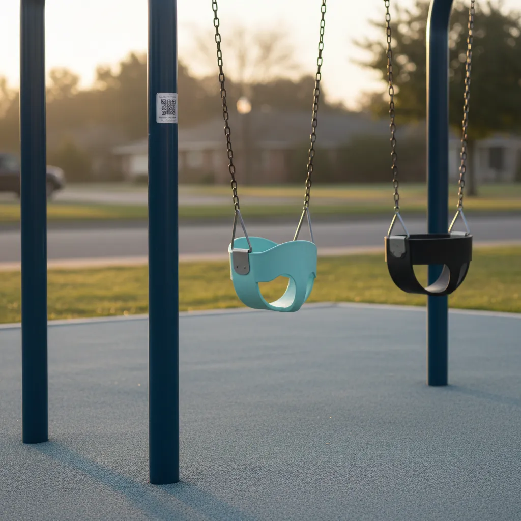 Leerer öffentlicher Spielplatz im weichen Morgenlicht, Schaukel und Fallschutzbelag scharf, kleiner Prüf-Tag am Gestell