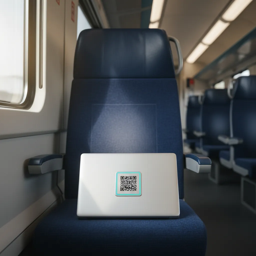 Einzelner Laptop auf einem leeren Zugsitz, kleiner QR-Kontakt-Tag auf dem Deckel im Fensterlicht