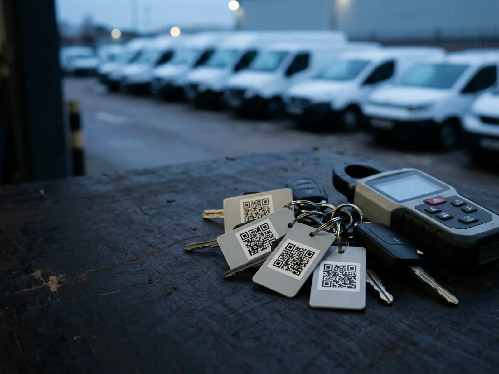 Fahrzeugschlüssel mit QR-Anhängern und ein mobiles Messgerät auf einer dunklen Fläche, dahinter eine Reihe weißer Flottenfahrzeuge